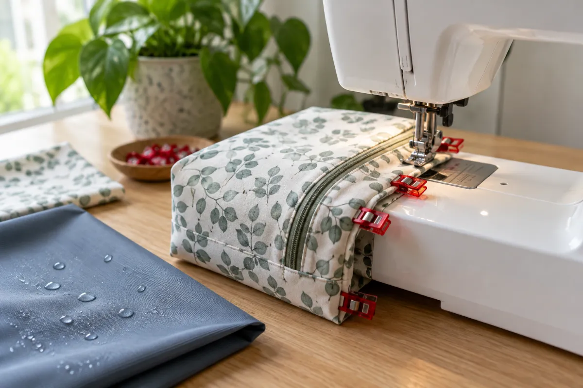 Trousse de toilette en coton enduit cousue à la machine, maintenue par des pinces à tissu